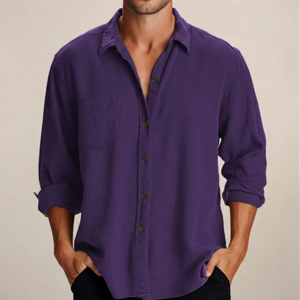 Oversized Button-Down Long Sleeve Shirt for Men - Purple