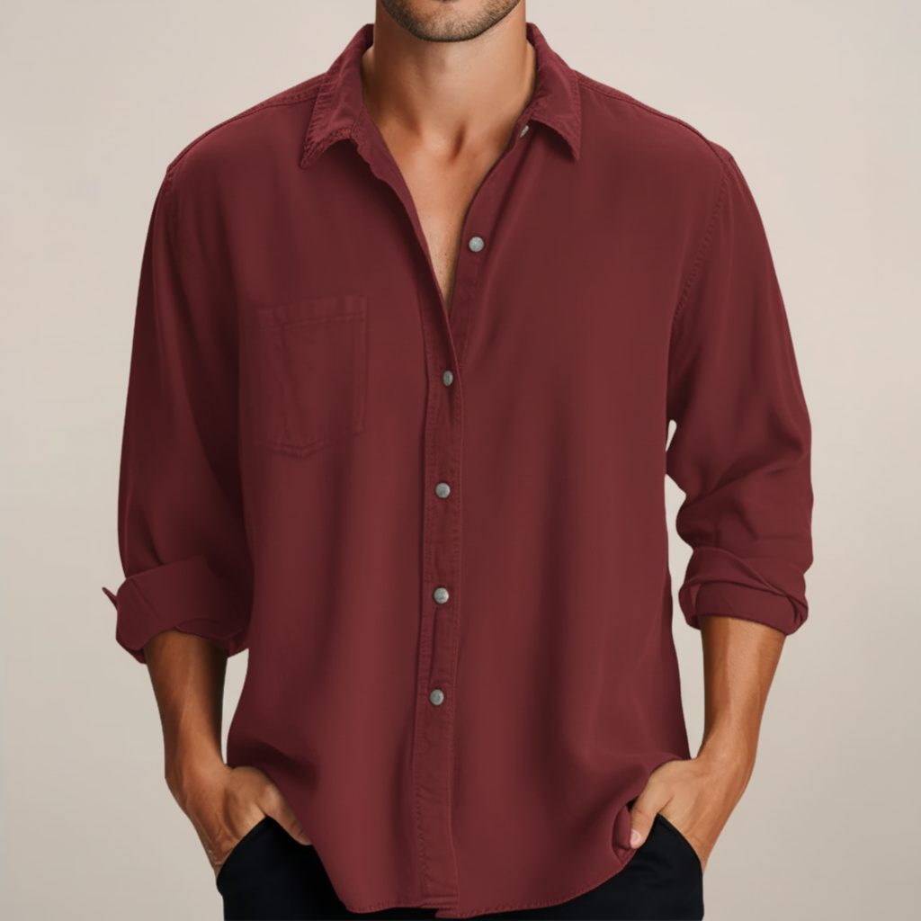 Oversized Button-Down Long Sleeve Shirt for Men - Wine Red