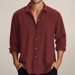 Oversized Button-Down Long Sleeve Shirt for Men - Wine Red