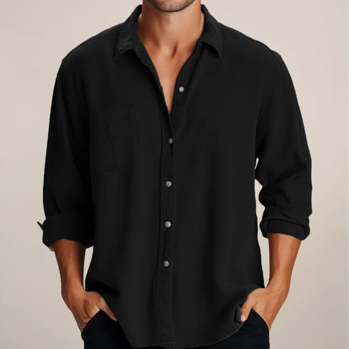 Oversized Button-Down Long Sleeve Shirt for Men - Black