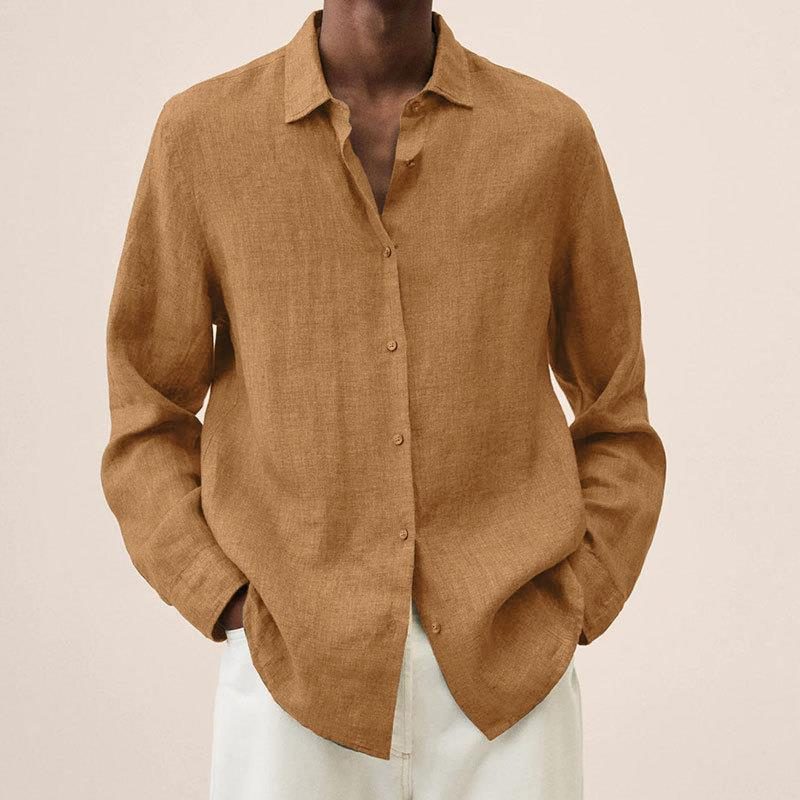 Oversized Linen Button-Down Shirt for Men - Brown