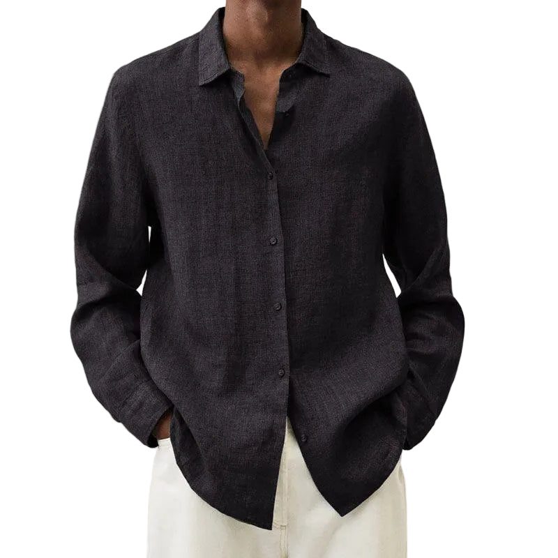 Oversized Linen Button-Down Shirt for Men - Black