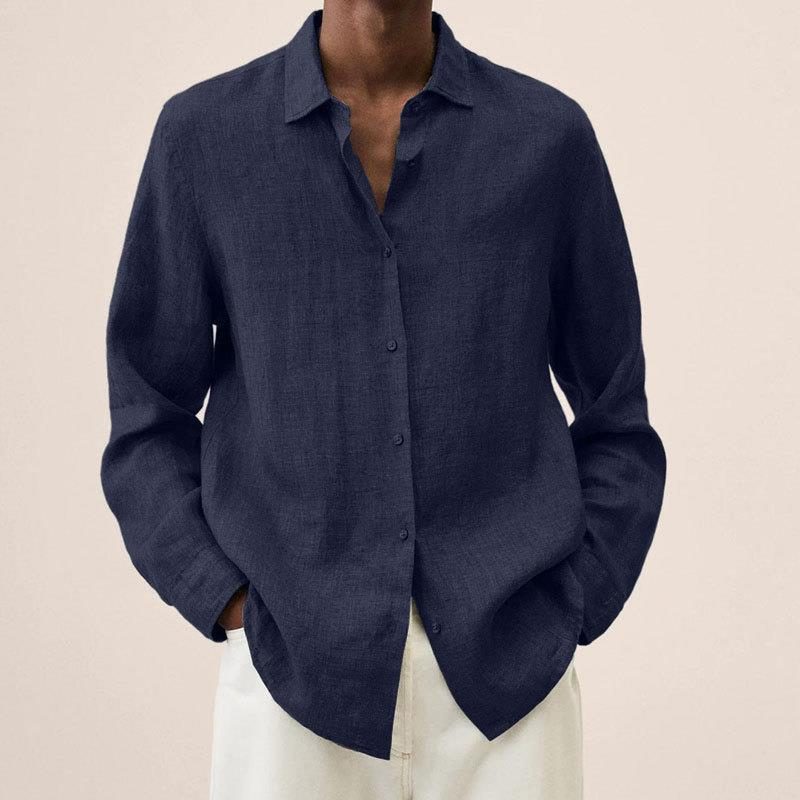 Oversized Linen Button-Down Shirt for Men - Navy Blue