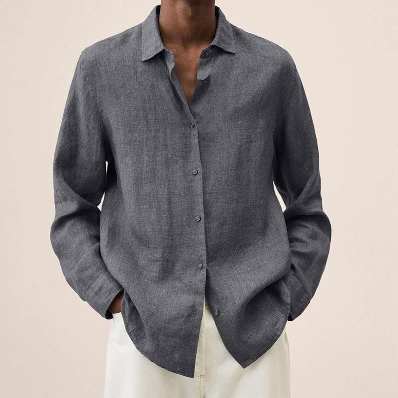 Oversized Linen Button-Down Shirt for Men - Grey