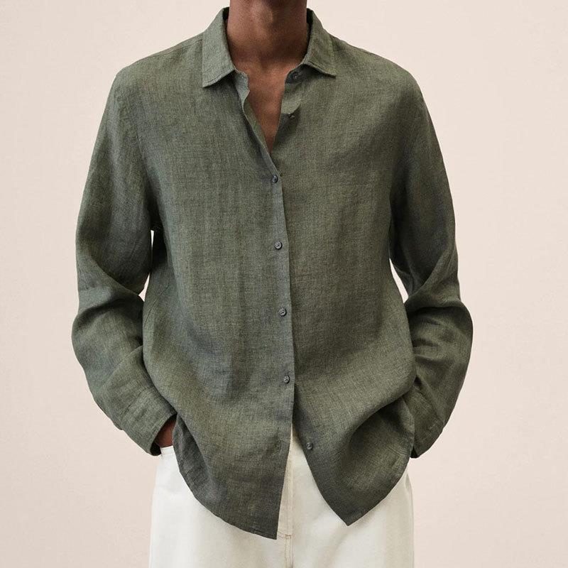Oversized Linen Button-Down Shirt for Men - Army Green