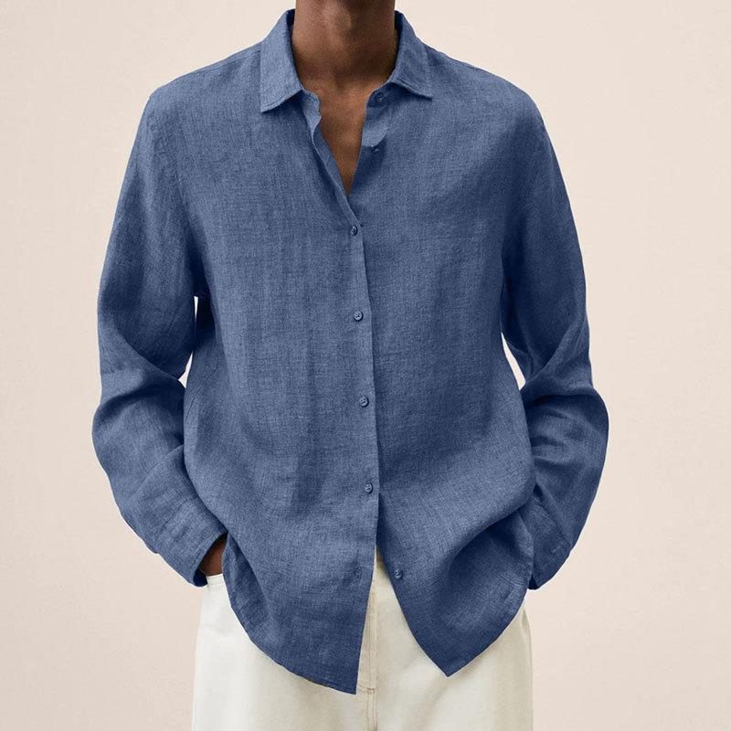 Oversized Linen Button-Down Shirt for Men - Blue