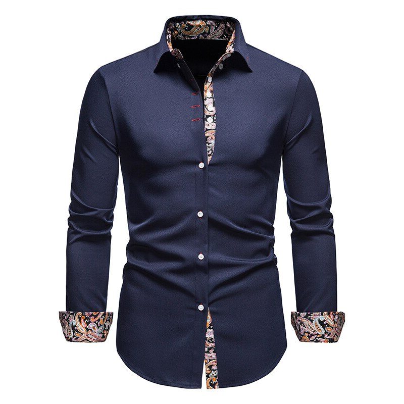 Button-Down Long Sleeve Shirt with Paisley Accents for Men - Navy Blue