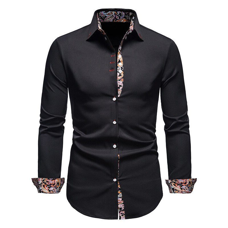 Button-Down Long Sleeve Shirt with Paisley Accents for Men - Black