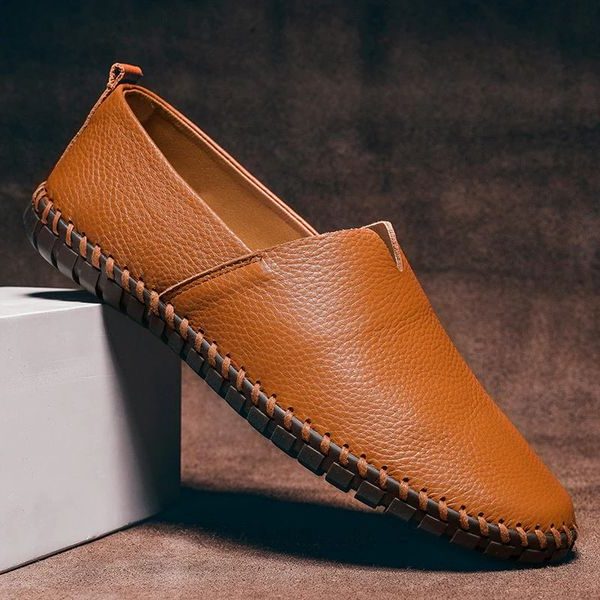 Pebbled Leather Slip-On Loafers for Men - Caramel