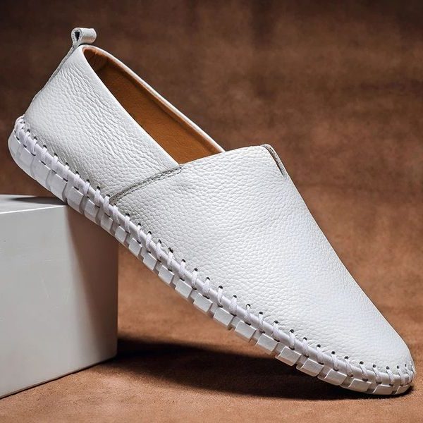 Pebbled Leather Slip-On Loafers for Men - White