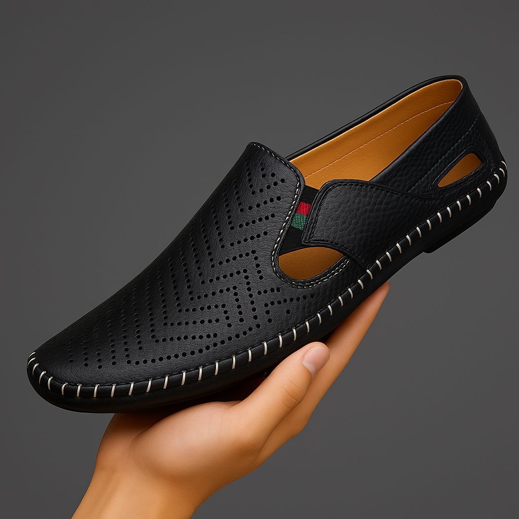 Perforated Leather Slip-On Loafers for Men - Black