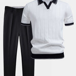 Pinstripe Knit Polo and Tapered Trousers Set for Men