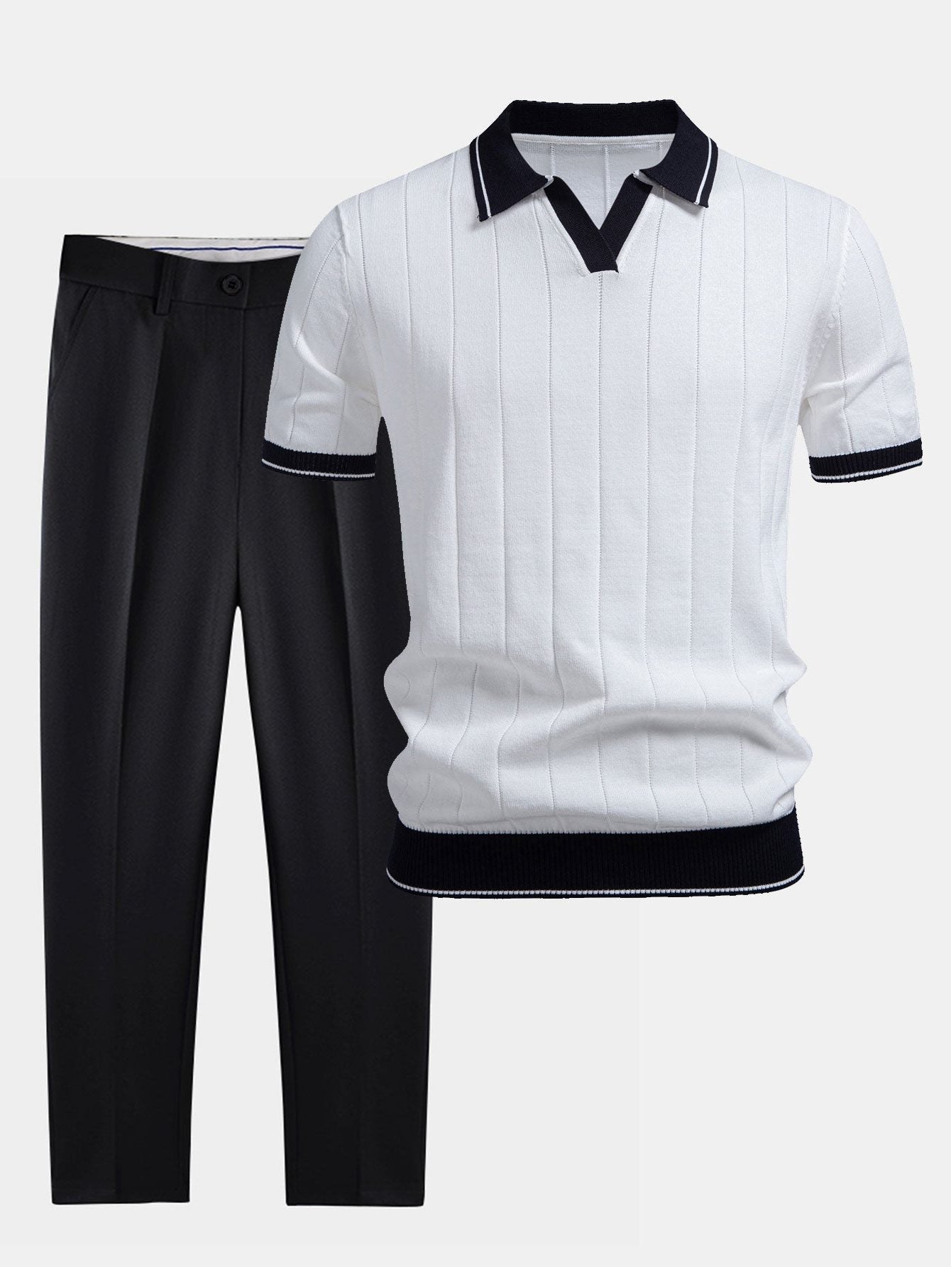 Pinstripe Knit Polo and Tapered Trousers Set for Men
