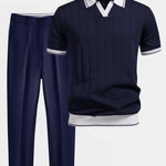 Pinstripe Knit Polo and Tapered Trousers Set for Men - Navy Blue