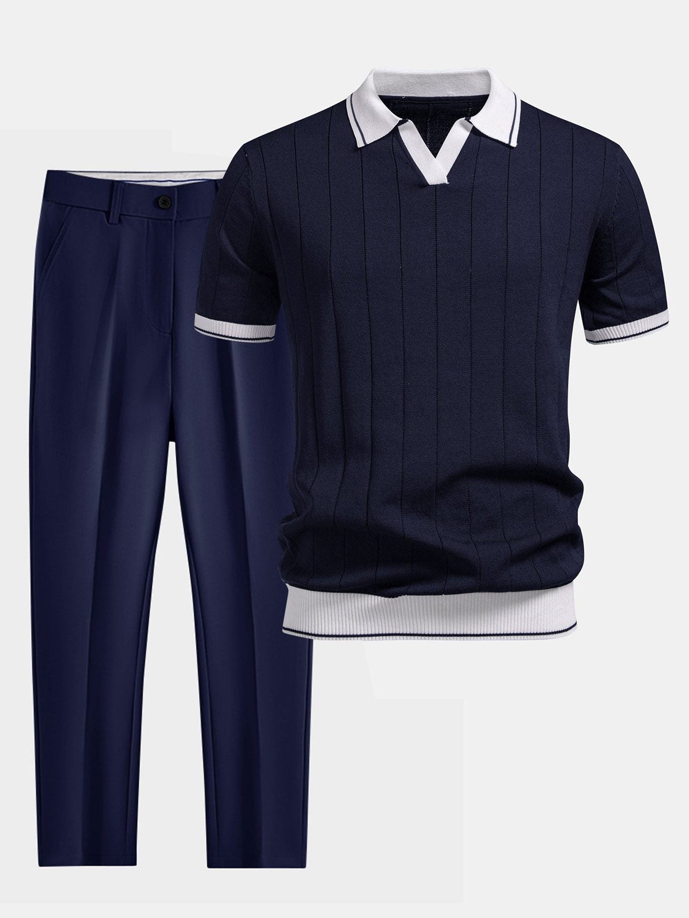 Pinstripe Knit Polo and Tapered Trousers Set for Men - Navy Blue