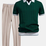 Pinstripe Knit Polo and Tapered Trousers Set for Men - Green