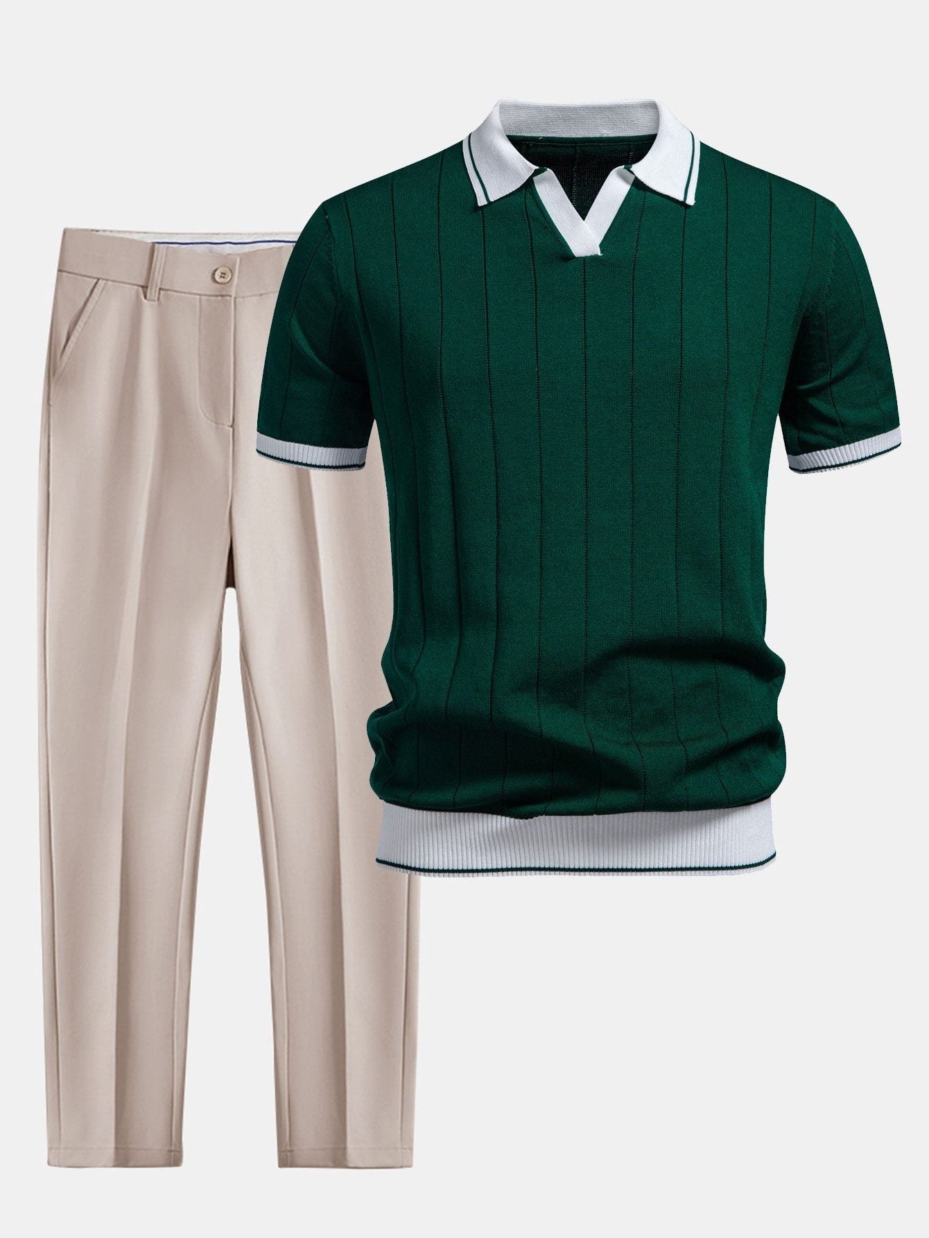 Pinstripe Knit Polo and Tapered Trousers Set for Men - Green