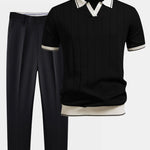 Pinstripe Knit Polo and Tapered Trousers Set for Men - Black