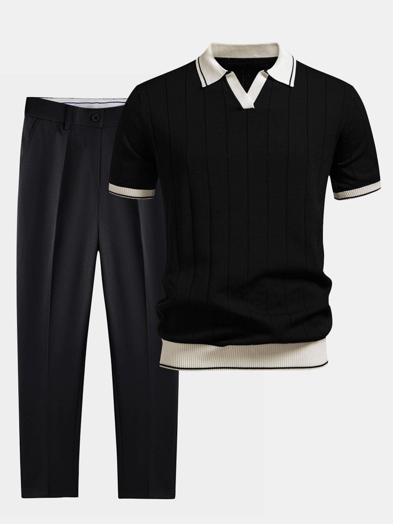 Pinstripe Knit Polo and Tapered Trousers Set for Men - Black