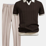 Pinstripe Knit Polo and Tapered Trousers Set for Men - Brown