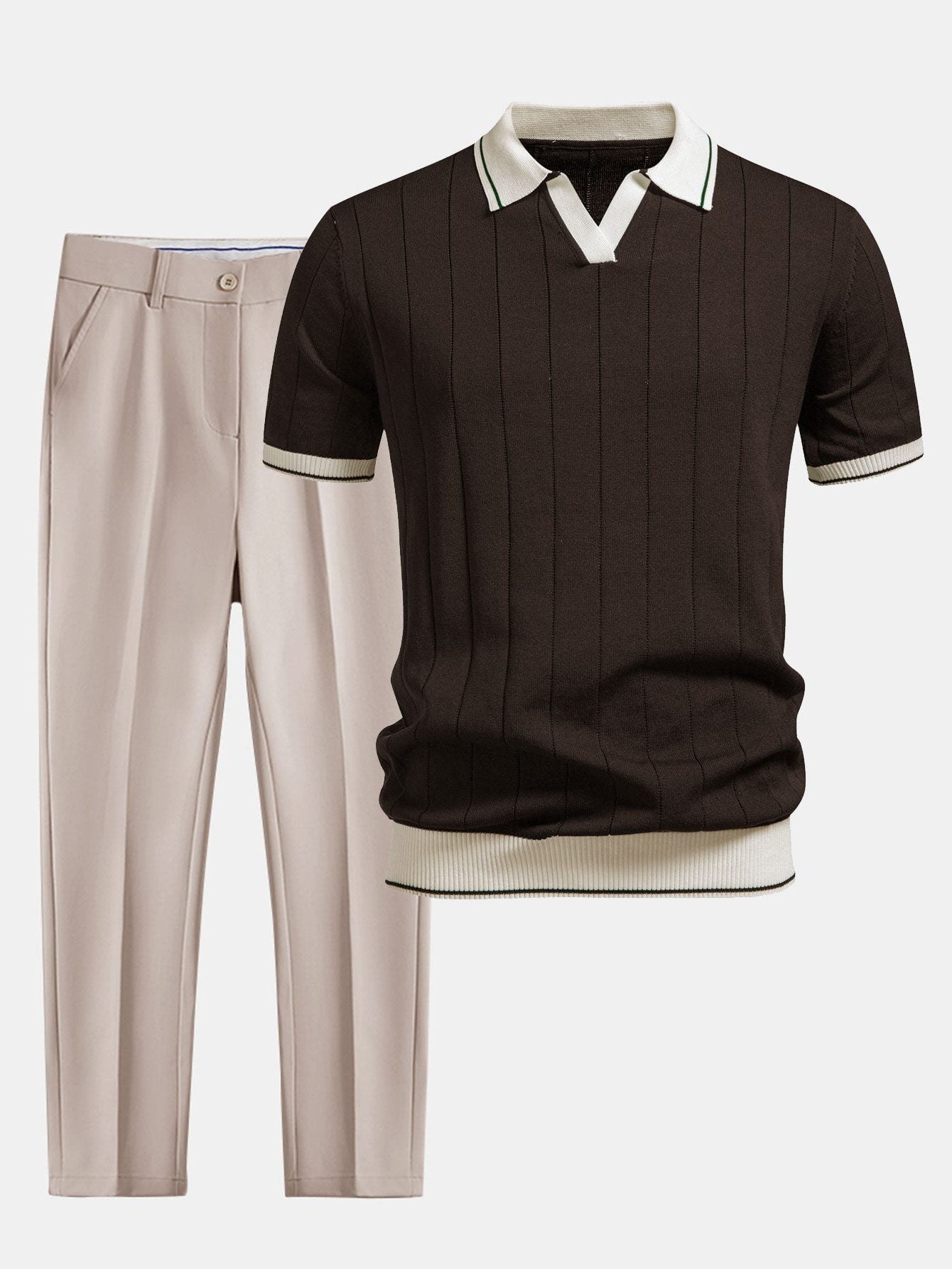 Pinstripe Knit Polo and Tapered Trousers Set for Men - Brown