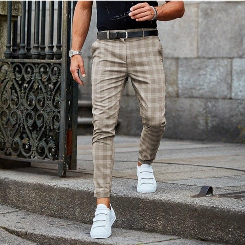 Plaid Slim Fit Chino Trousers for Men - Khaki