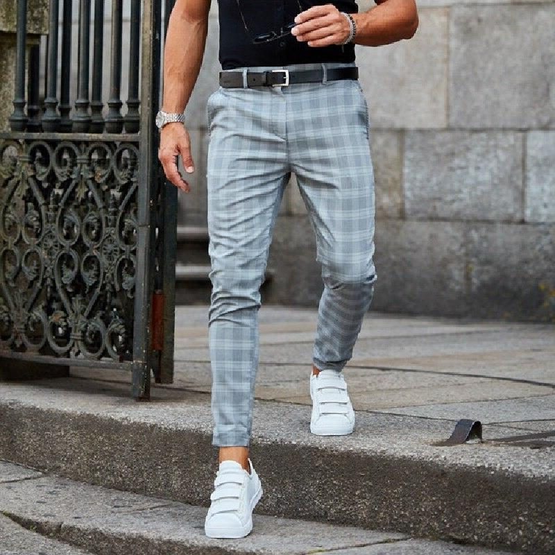 Plaid Slim Fit Chino Trousers for Men - Blue