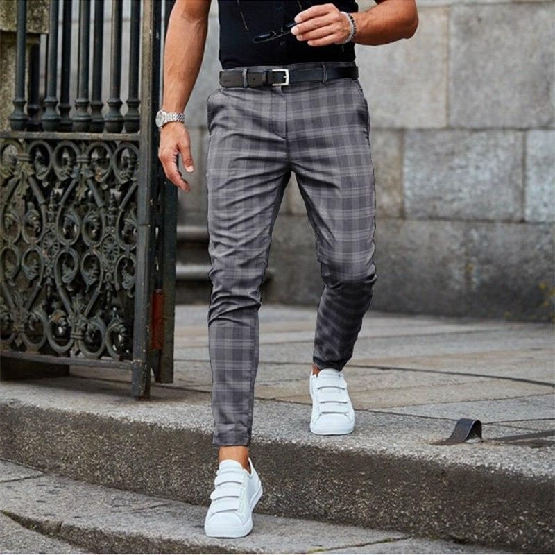 Plaid Slim Fit Chino Trousers for Men - Dark Gray