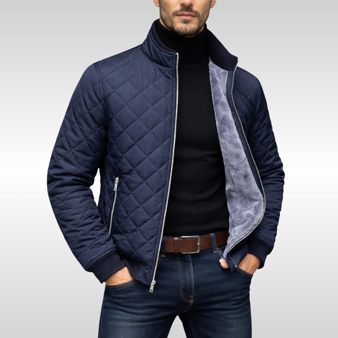Quilted Stand Collar Jacket for Men - Navy Blue