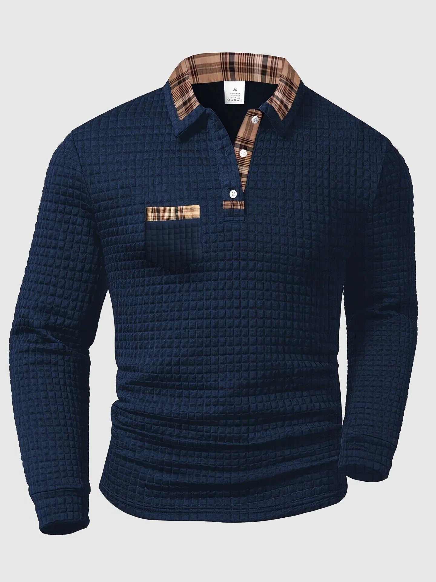Quilted Textured Long Sleeve Polo Shirt for Men - Dark Blue