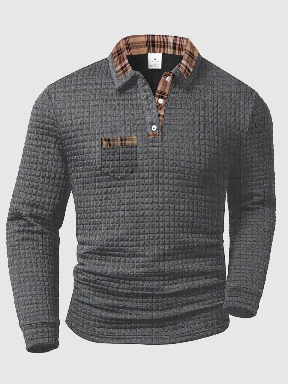 Quilted Textured Long Sleeve Polo Shirt for Men - Gray