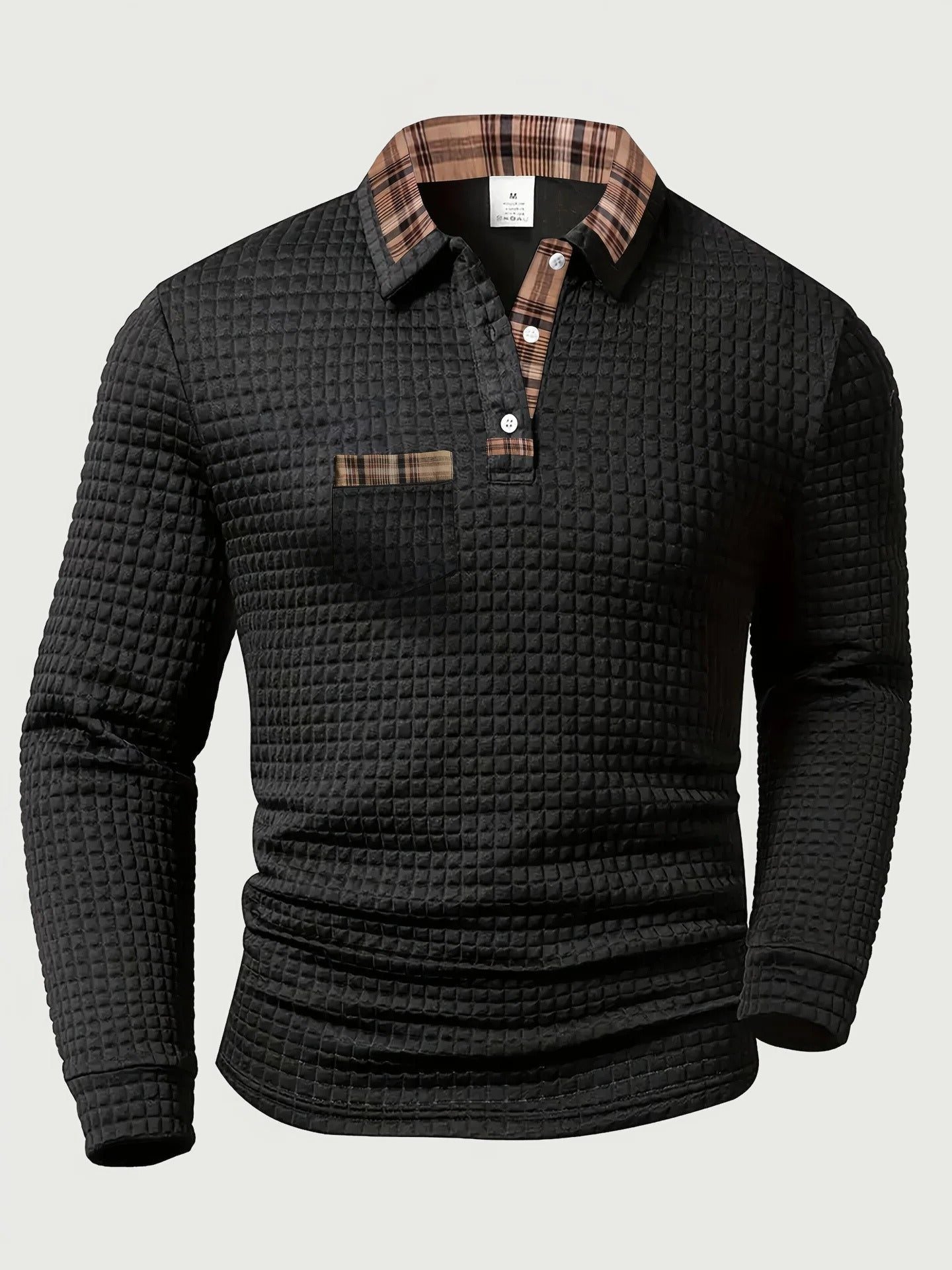 Quilted Textured Long Sleeve Polo Shirt for Men - Black