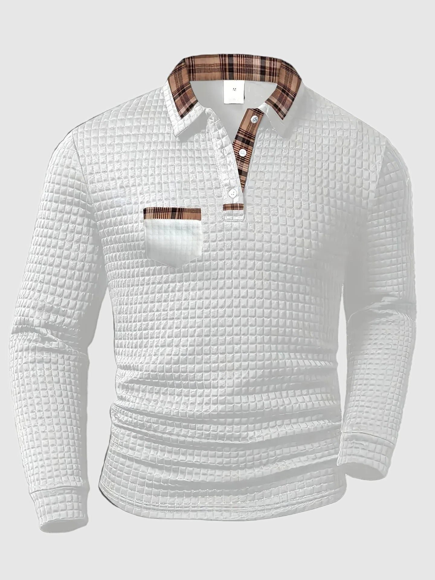 Quilted Textured Long Sleeve Polo Shirt for Men - White