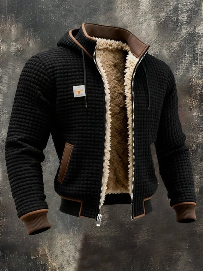 Quilted Zip-Up Jacket with Sherpa Lining for Men - Black