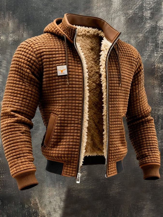 Quilted Zip-Up Jacket with Sherpa Lining for Men - Brown