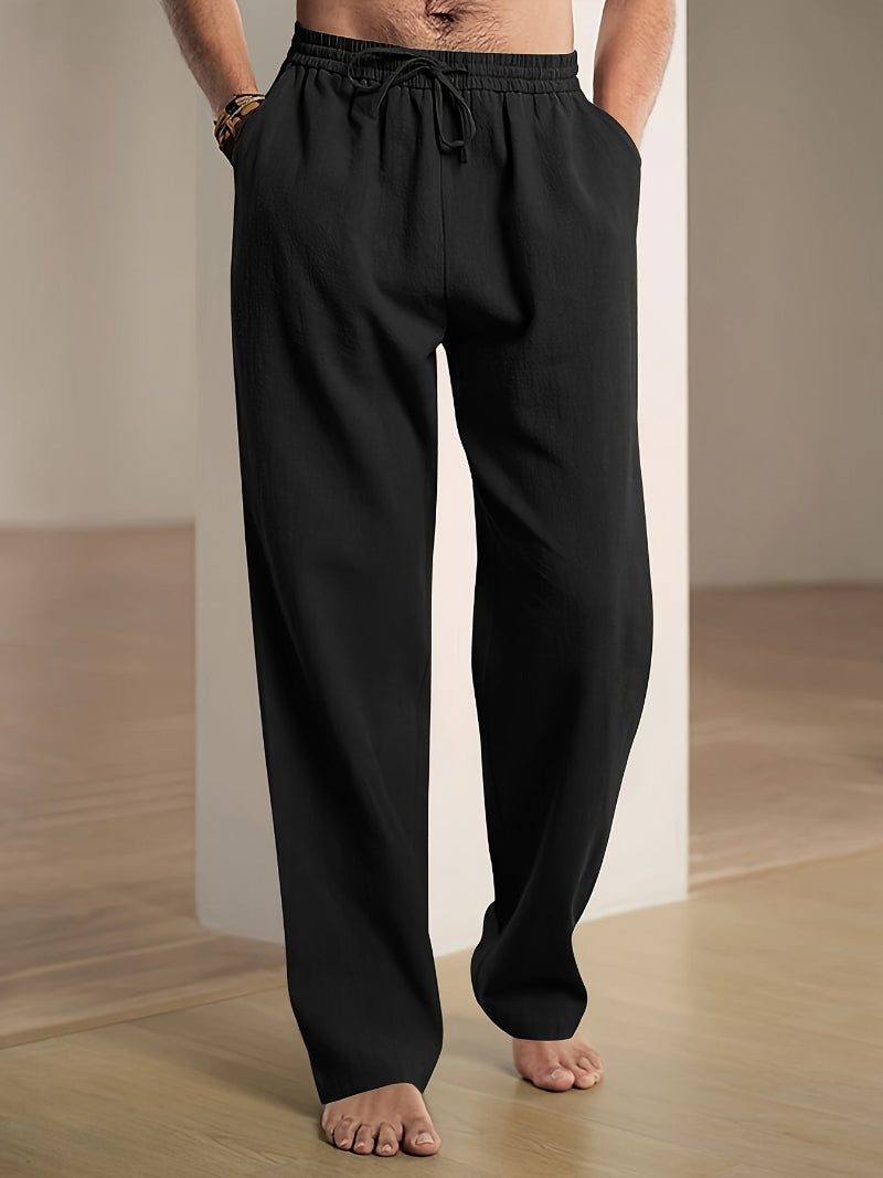 Relaxed Fit Drawstring Straight Leg Trousers for Men - Black