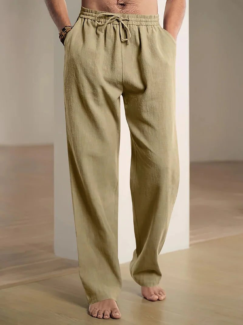 Relaxed Fit Drawstring Straight Leg Trousers for Men - Khaki