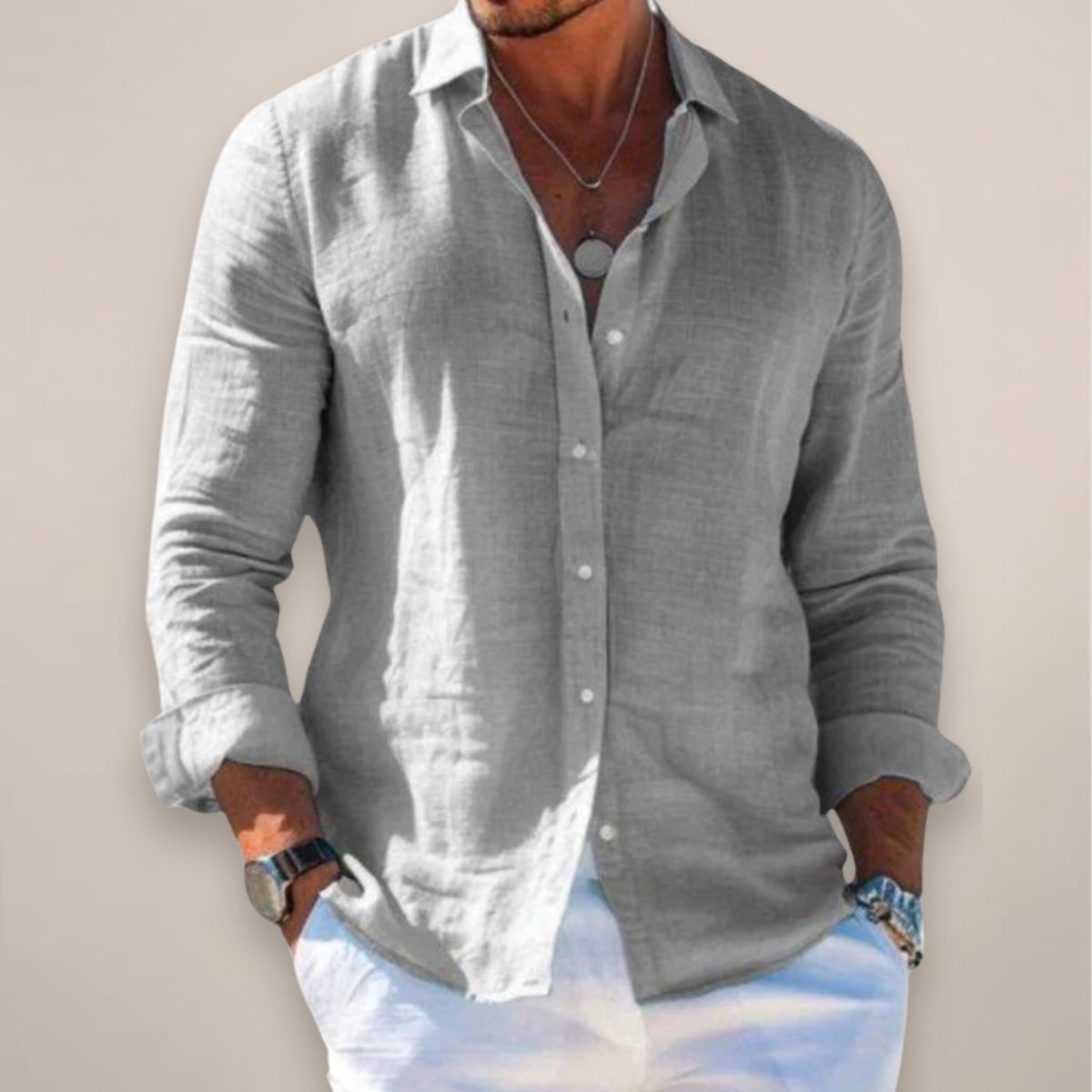 Relaxed Fit Linen Long Sleeve Shirt for Men