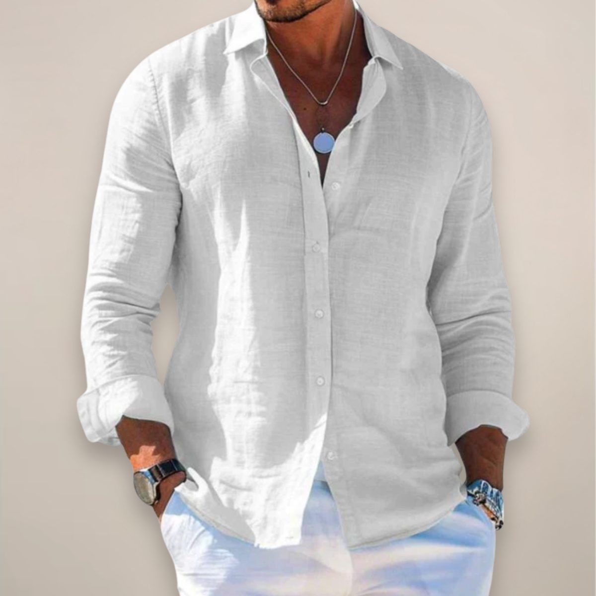 Relaxed Fit Linen Long Sleeve Shirt for Men - White
