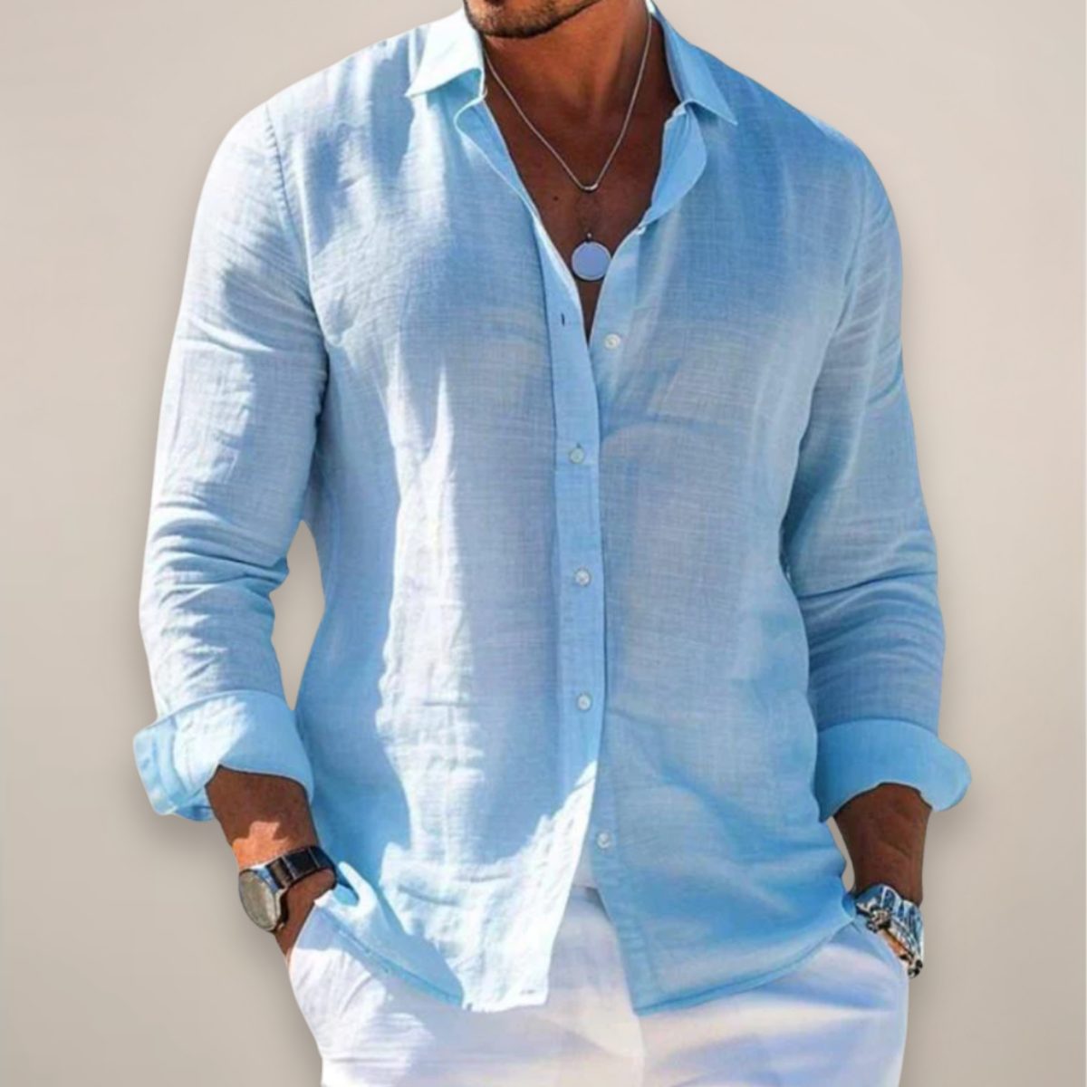 Relaxed Fit Linen Long Sleeve Shirt for Men - Blue