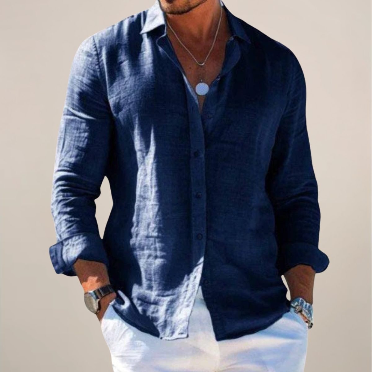 Relaxed Fit Linen Long Sleeve Shirt for Men - Navy Blue