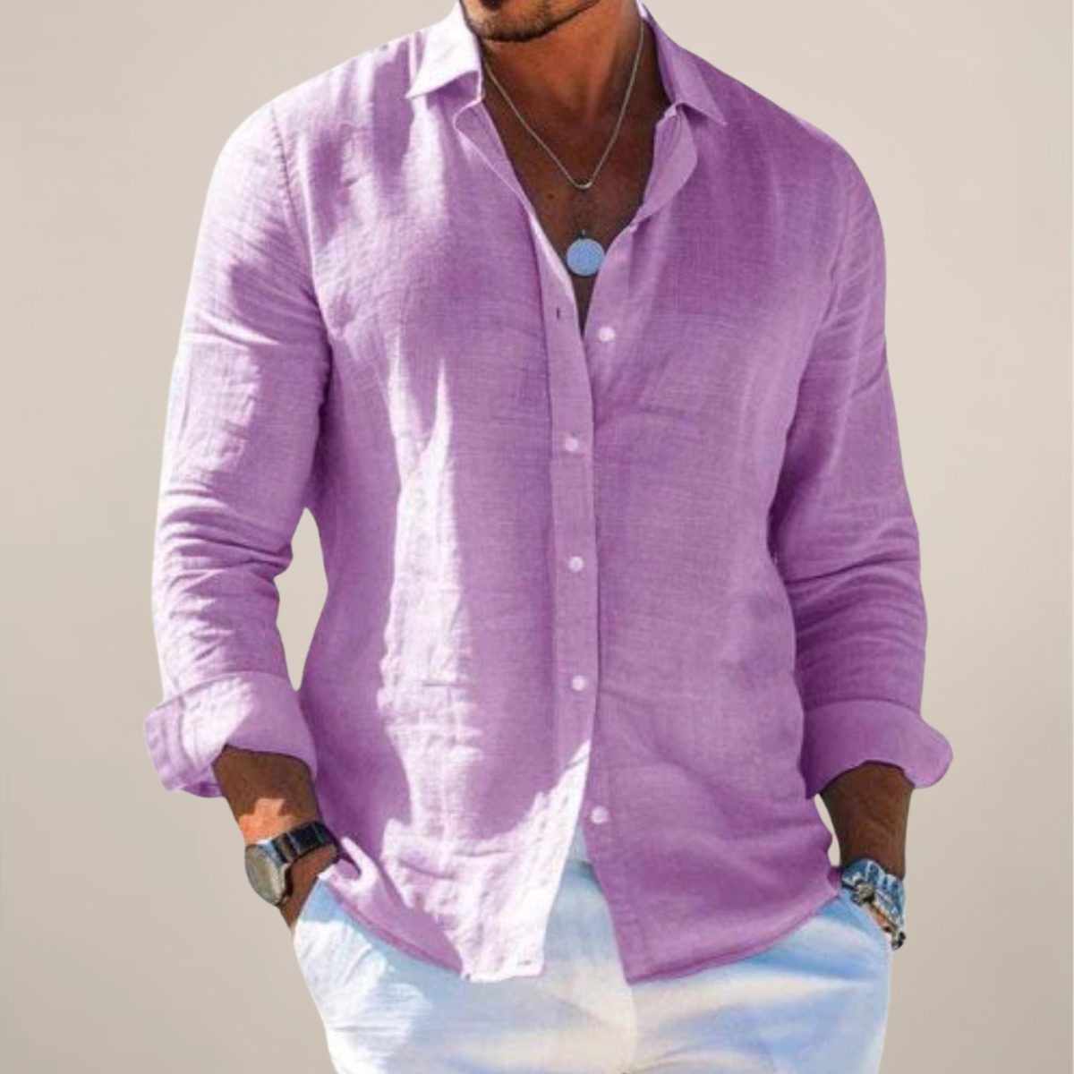 Relaxed Fit Linen Long Sleeve Shirt for Men - Purple