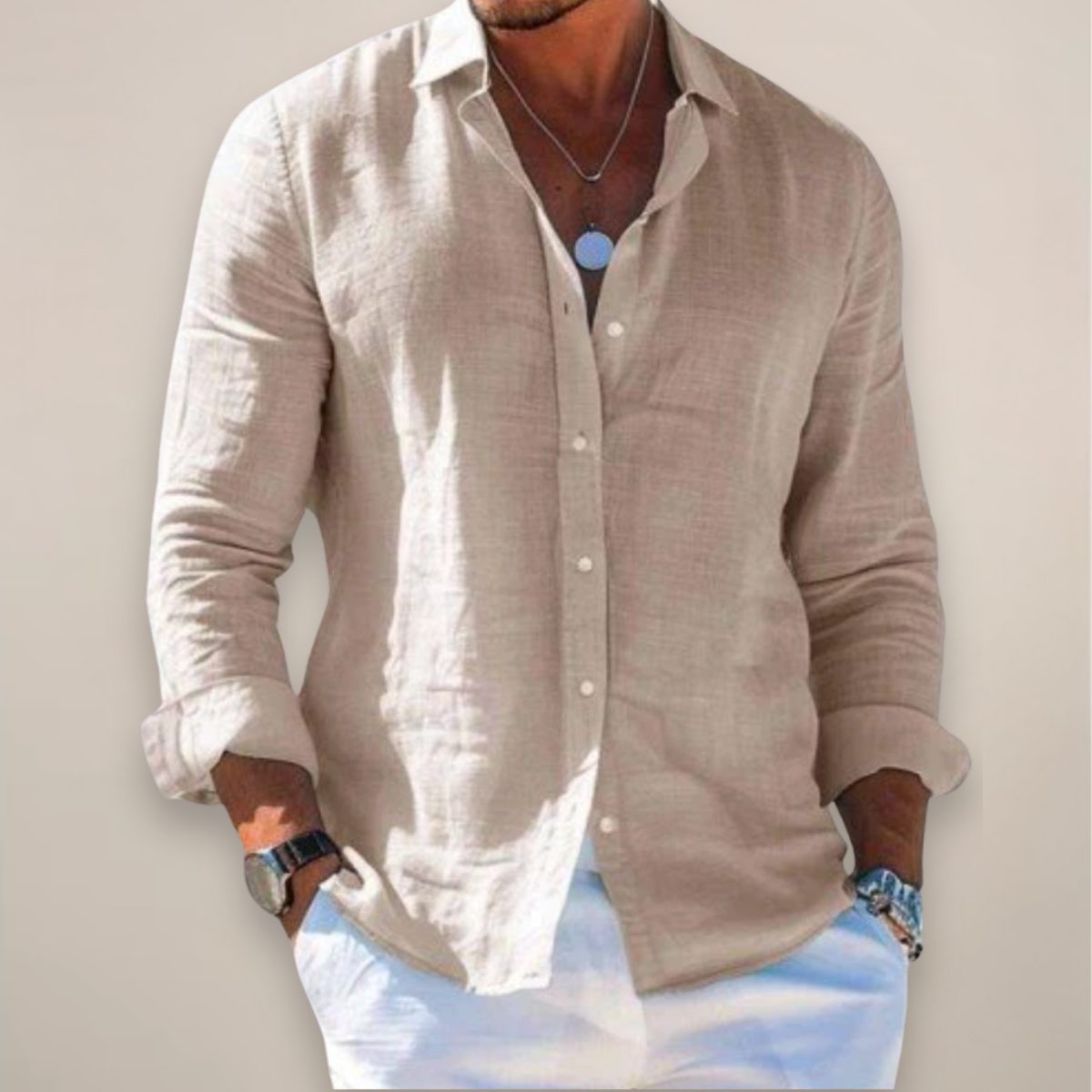 Relaxed Fit Linen Long Sleeve Shirt for Men - Khaki