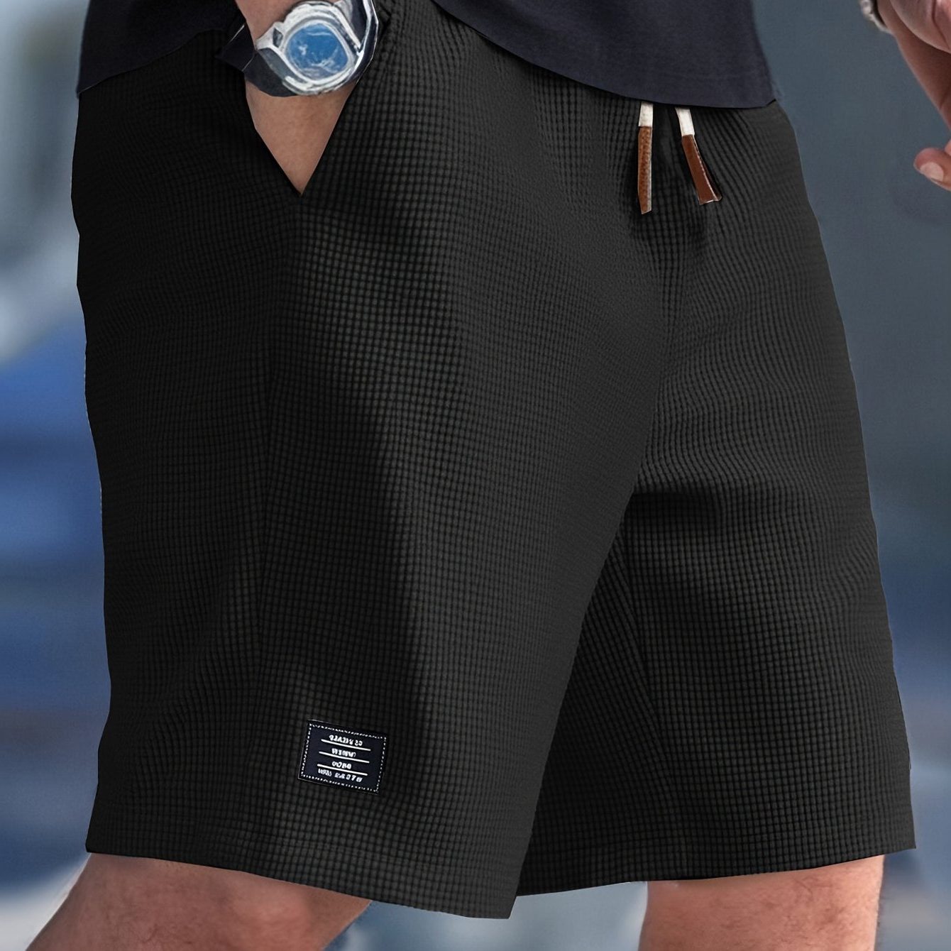 Relaxed Fit Ribbed Knit Shorts for Men - Black