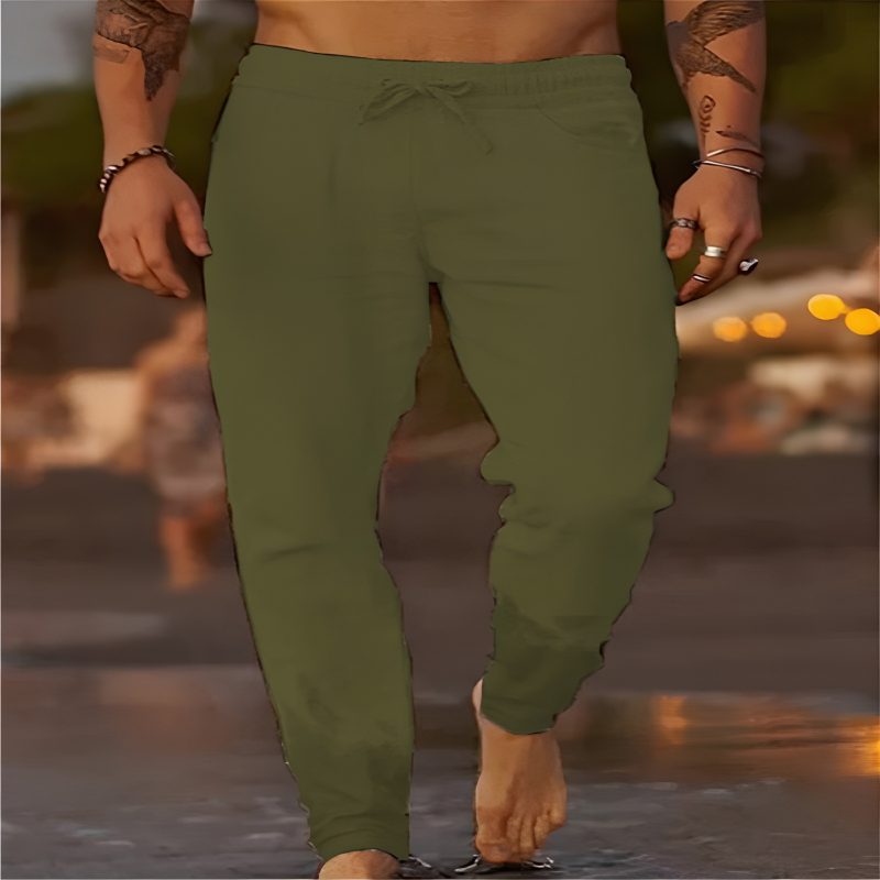 Relaxed Linen Straight Leg Trousers for Men - Green