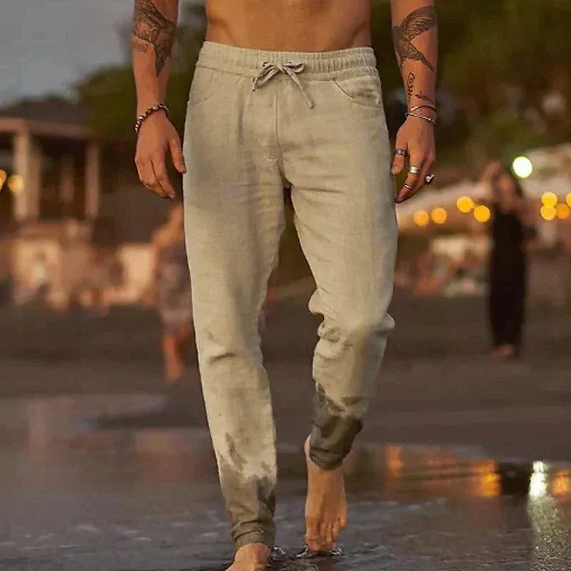 Relaxed Linen Straight Leg Trousers for Men - Khaki