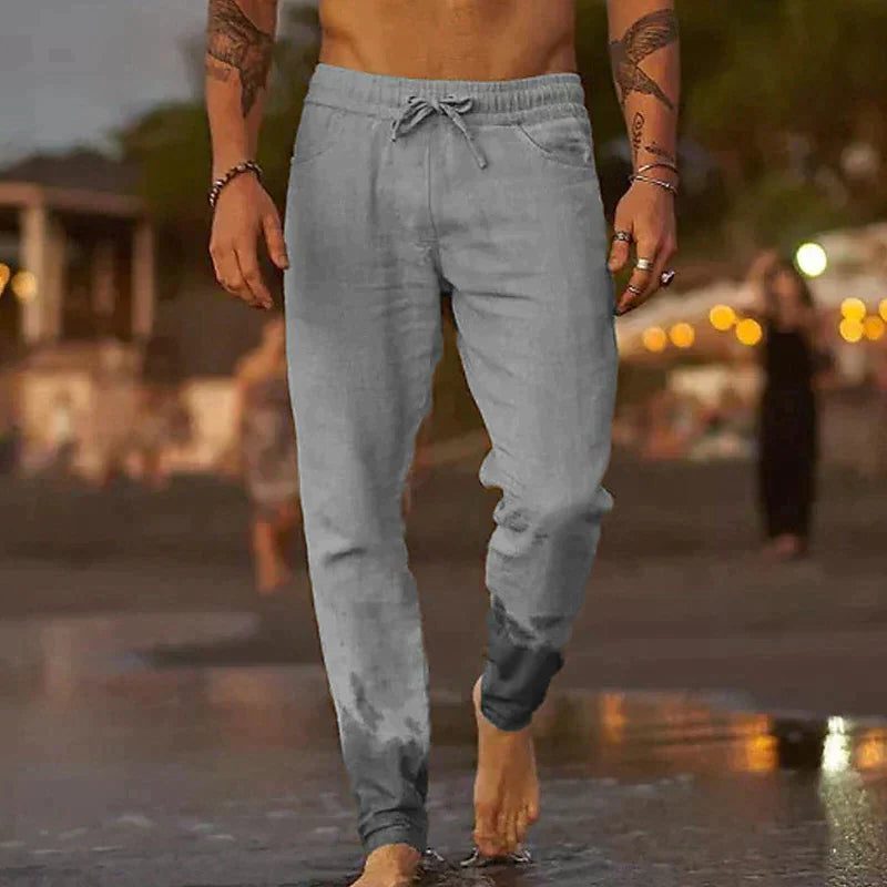 Relaxed Linen Straight Leg Trousers for Men - Gray