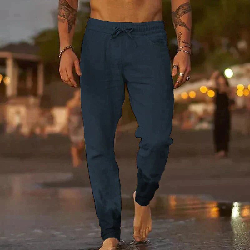 Relaxed Linen Straight Leg Trousers for Men - Navy Blue