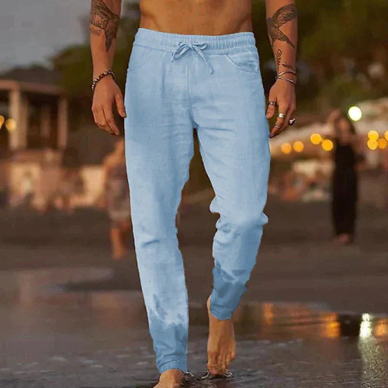 Relaxed Linen Straight Leg Trousers for Men - Light Blue