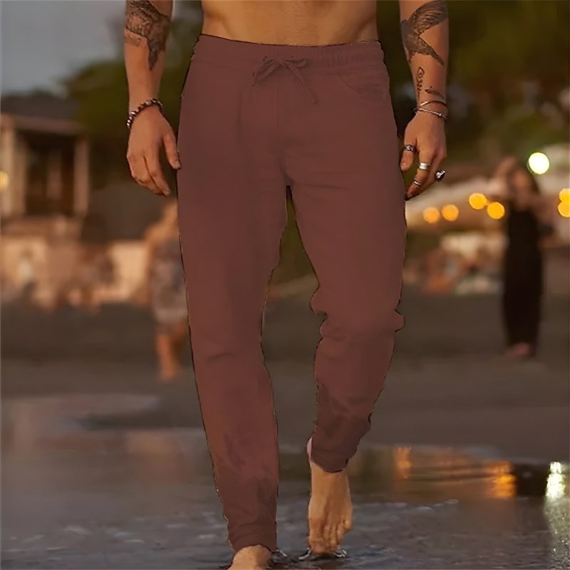 Relaxed Linen Straight Leg Trousers for Men - Dark Brown